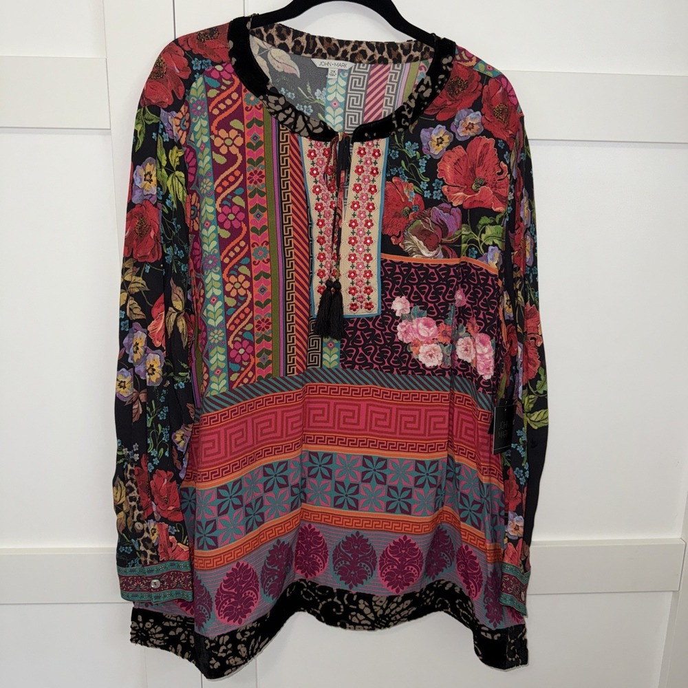 John Mark Peasant Top Tunic Tassel Ties Embroidered Floral Velvet Burn Out 1X